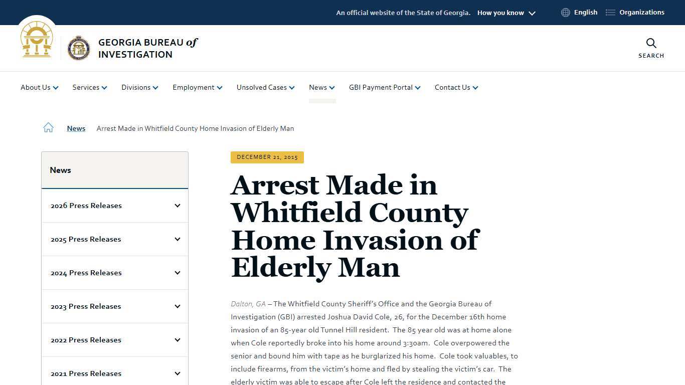 Arrest Made in Whitfield County Home Invasion of Elderly Man Georgia Bureau of Investigation
