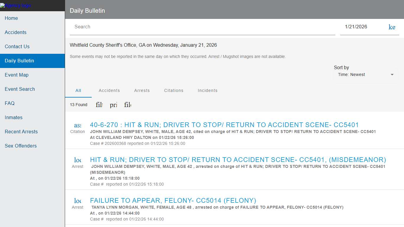 Whitfield County Sheriff's Office, GA Police to Citizen - Daily Bulletin